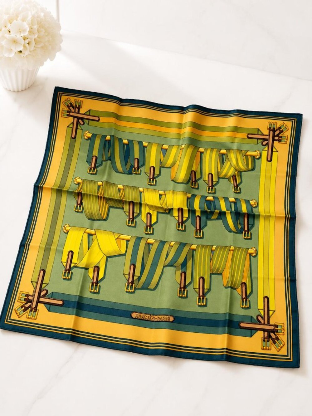 Authentic Hermès Les Sangles Carré 90 Silk Scarf Yellow Green